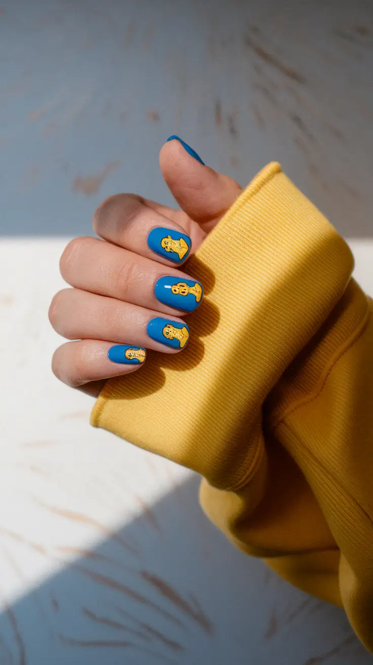 Neon Nails That Pop in 2025 Blue Base with Playful Yellow Accents