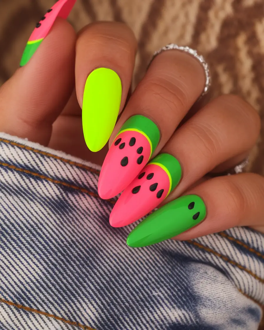 Neon Nails That Pop in 2025 Neon Watermelon Party