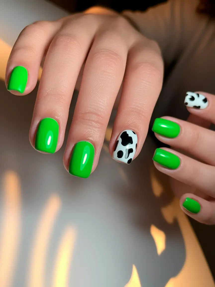 Neon Nails That Pop in 2025 Green Glow with Cow Print Play