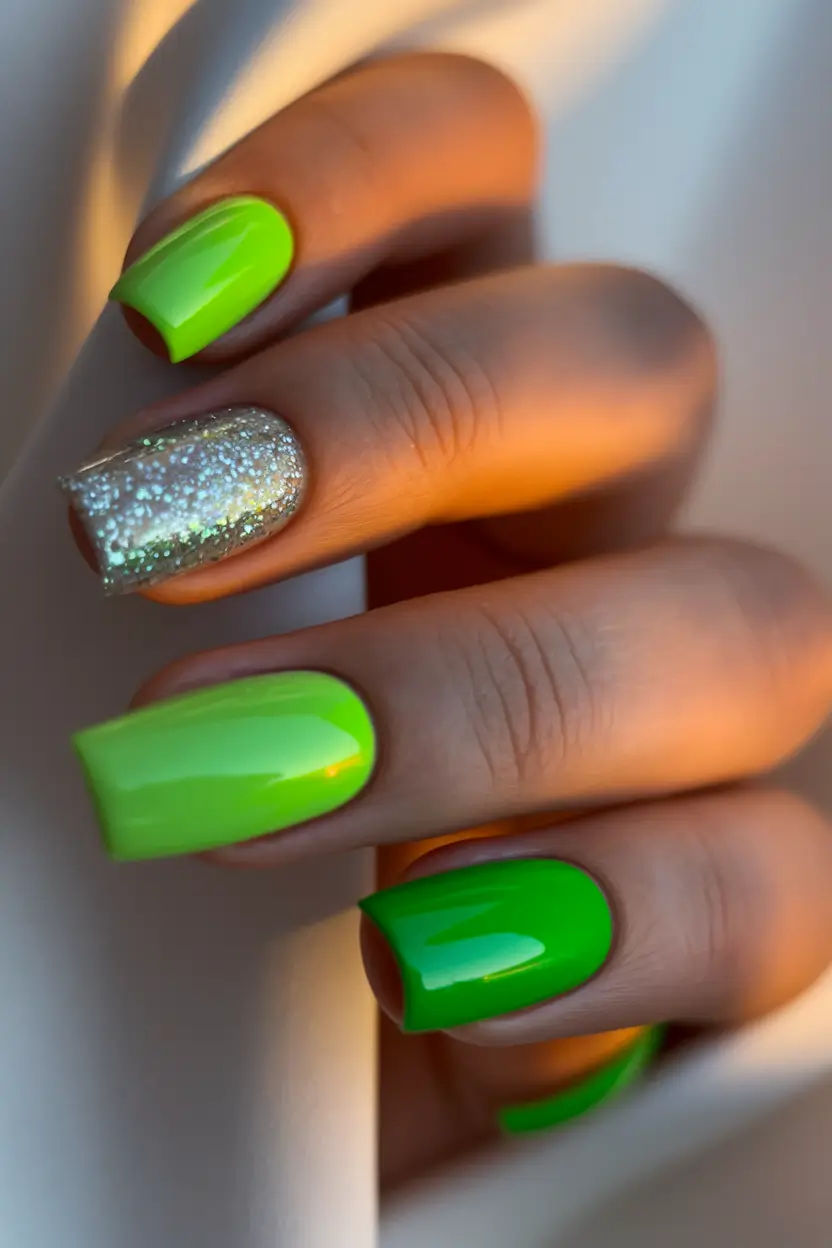 Neon Nails That Pop in 2025 Neon Green with Silver Glitter Pop