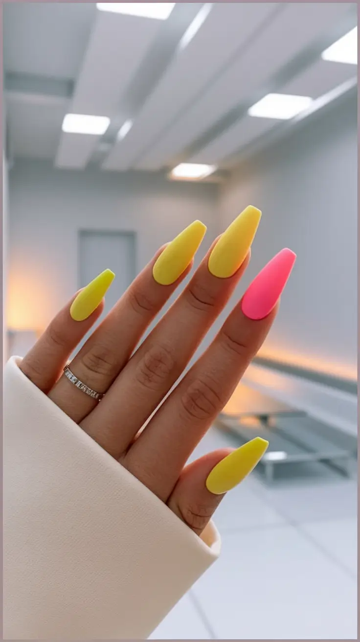 Neon Nails That Pop in 2025 Matte Lemon and Pop Coral Claws
