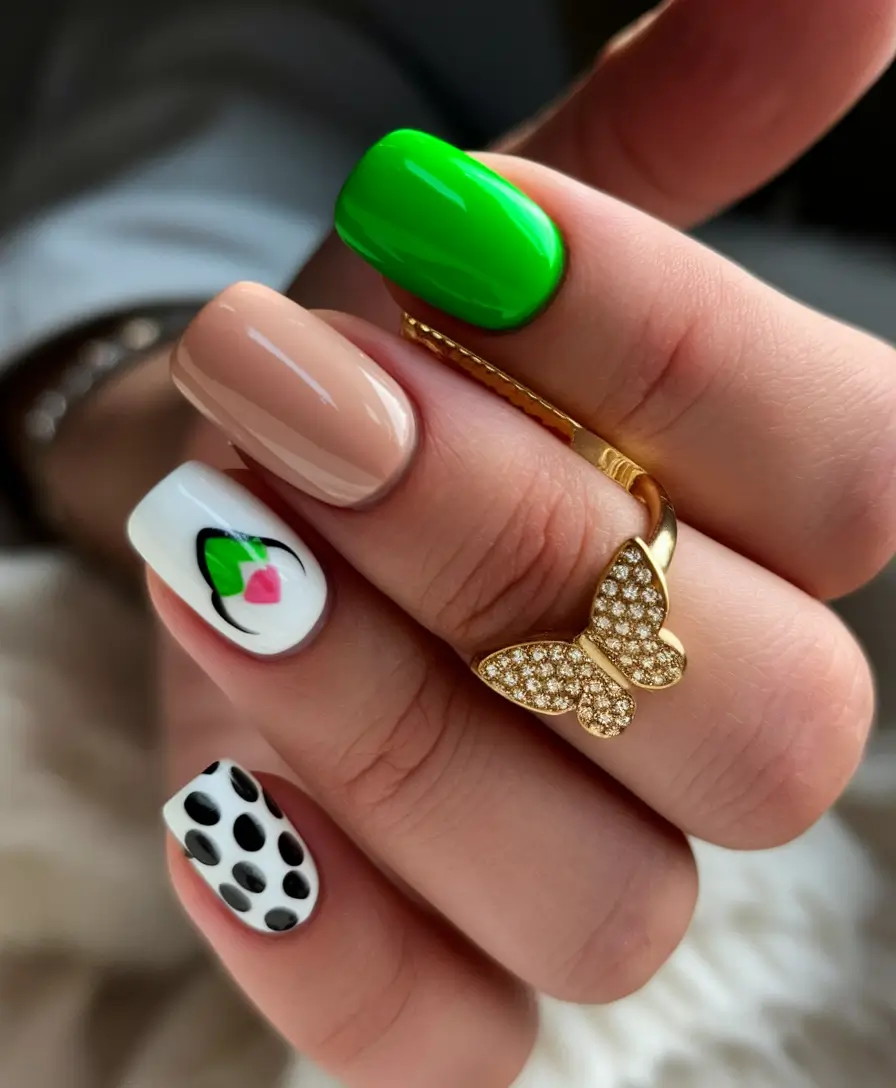 Neon Nails That Pop in 2025 Green Crush with Artsy Contrast