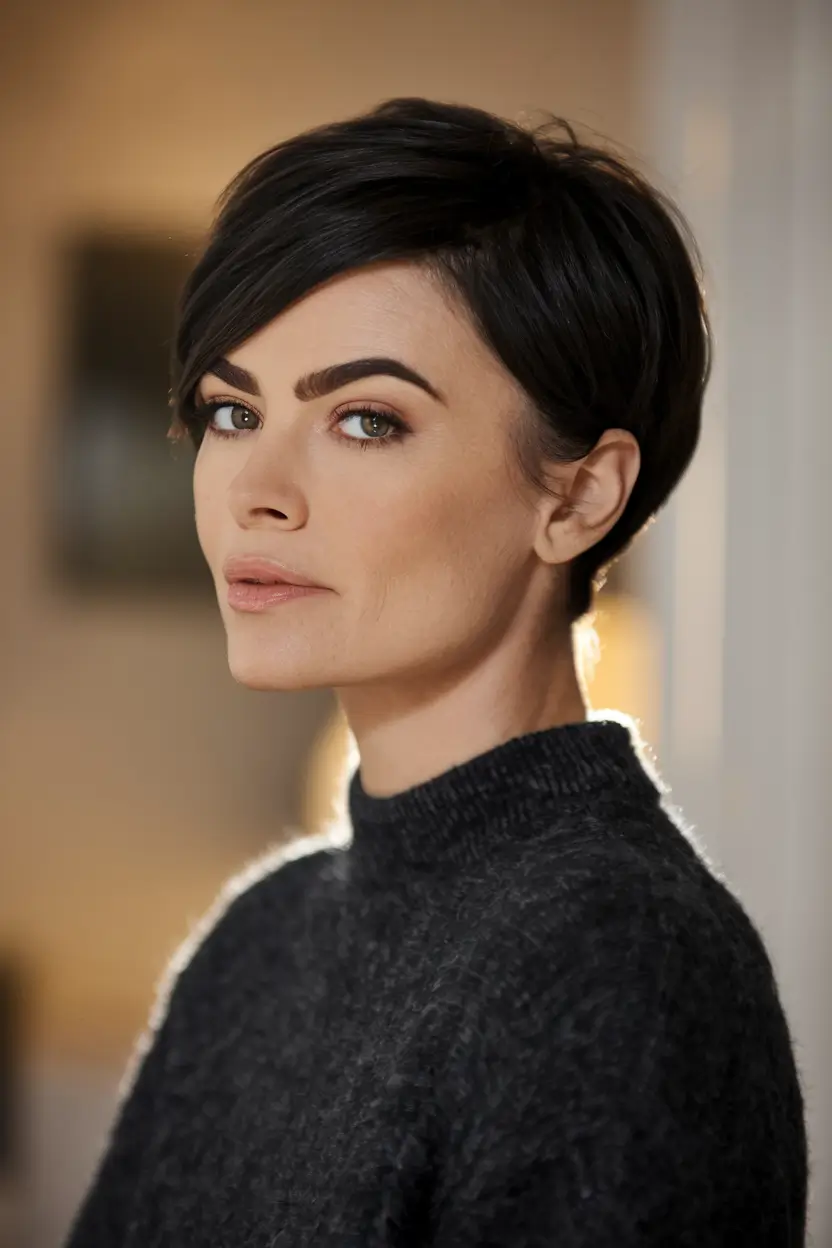 haircuts 2025 Precision Pixie with Soft Angled Bang