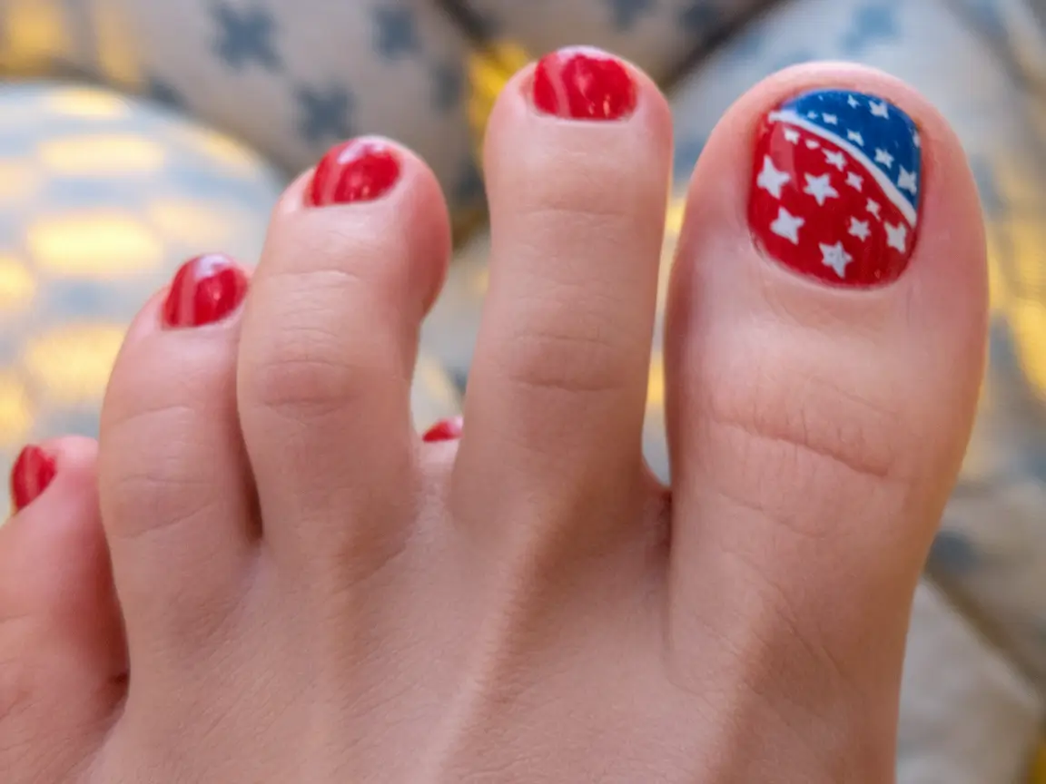 4th of Mani pedi Classic Red With a Starry Statement