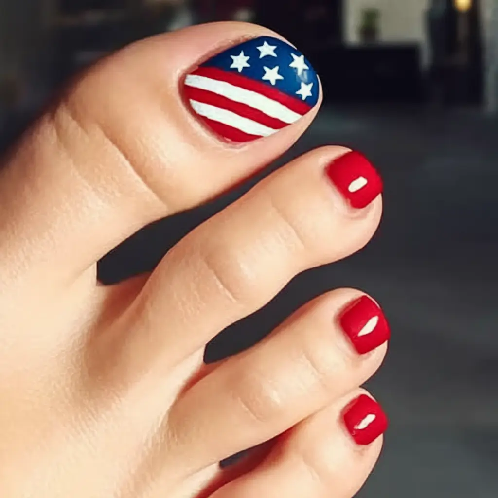 Fourth of Mani pedi Classic Flag Accent with Ruby Red Shine