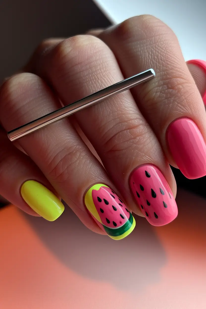Pink Summer Nails for 2025 Vibes Playful Watermelon Pop Art
