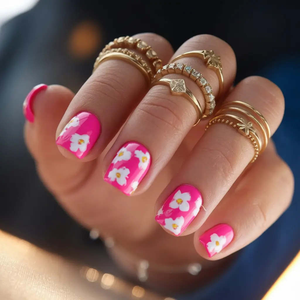 Pink Summer Nails for 2025 Vibes Retro Floral on Punchy Pink