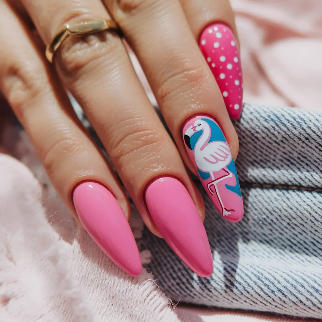 Pink Summer Nails for 2025 Vibes Flamingo Pop & Polka Dot Play