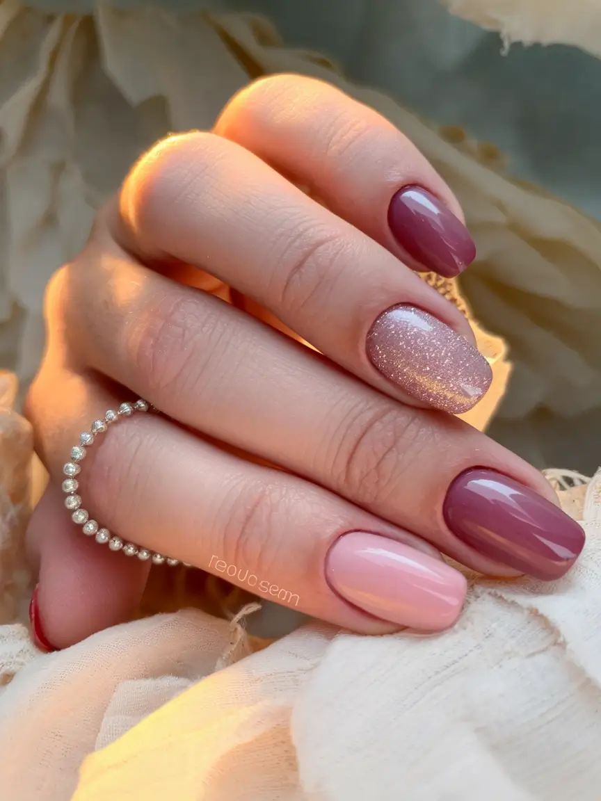 Pink Summer Nails for 2025 Vibes+Soft Mauve and Blush Pink Mix with Glitter Charm