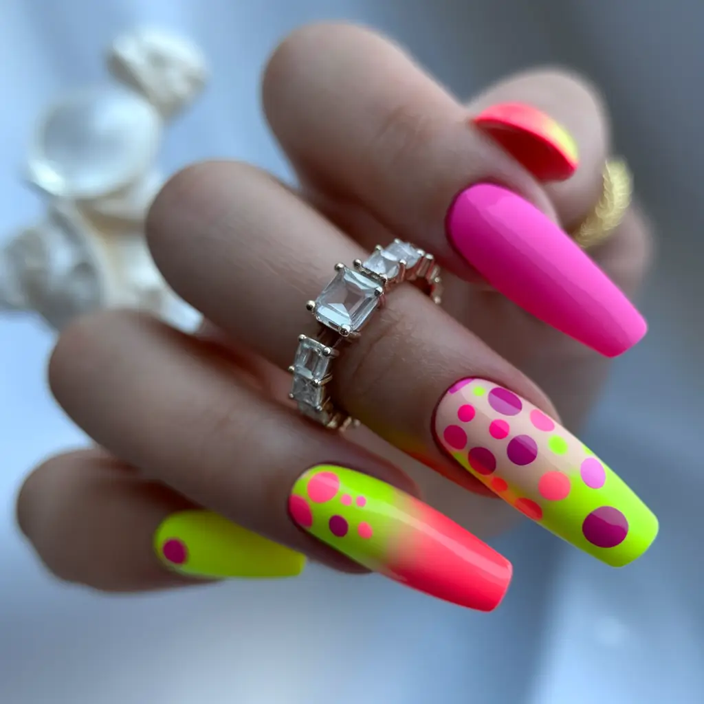 Pink Summer Nails for 2025 Vibes+Glow Pop Neon Meets Dot Art