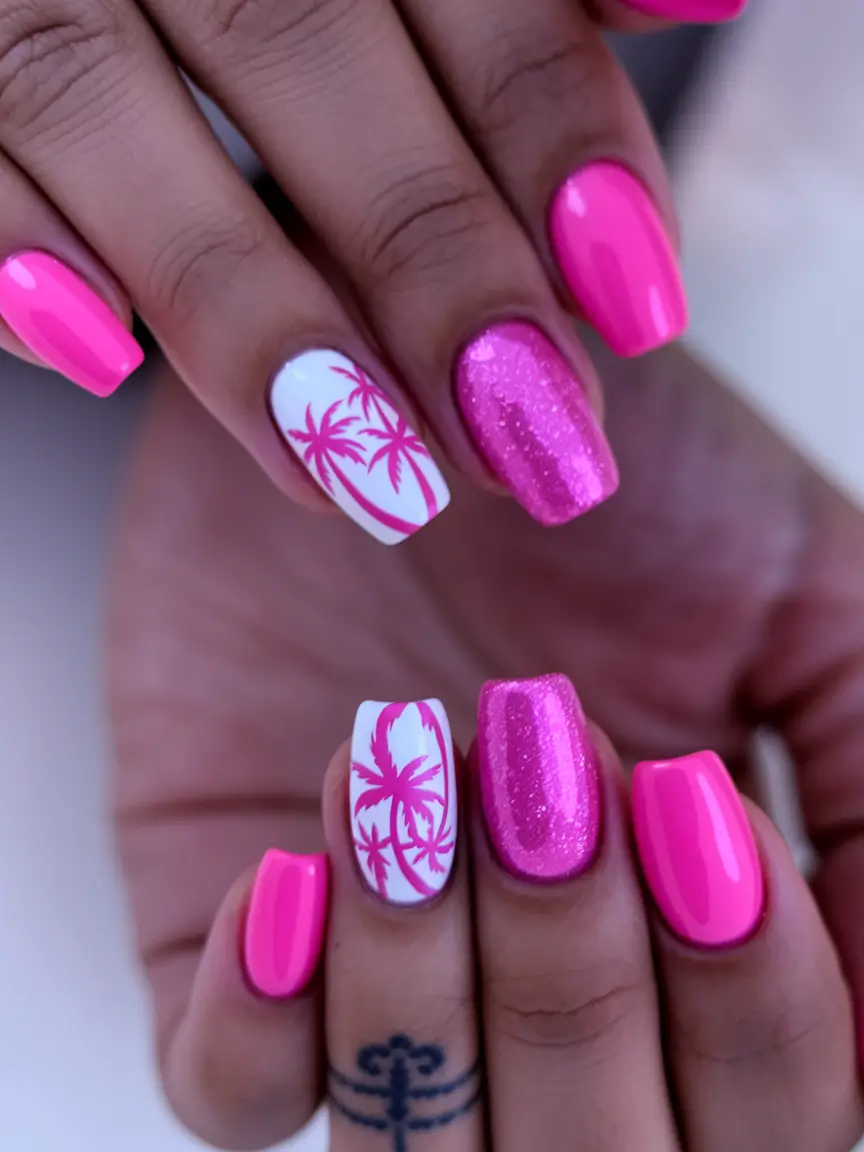 Pink Summer Nails for 2025 Vibes+Sunset Palms and Glitter Glam