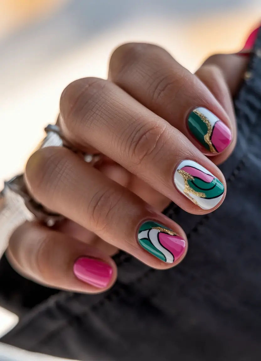 round nail inspo design Playful Color Blocking With Gold Curves