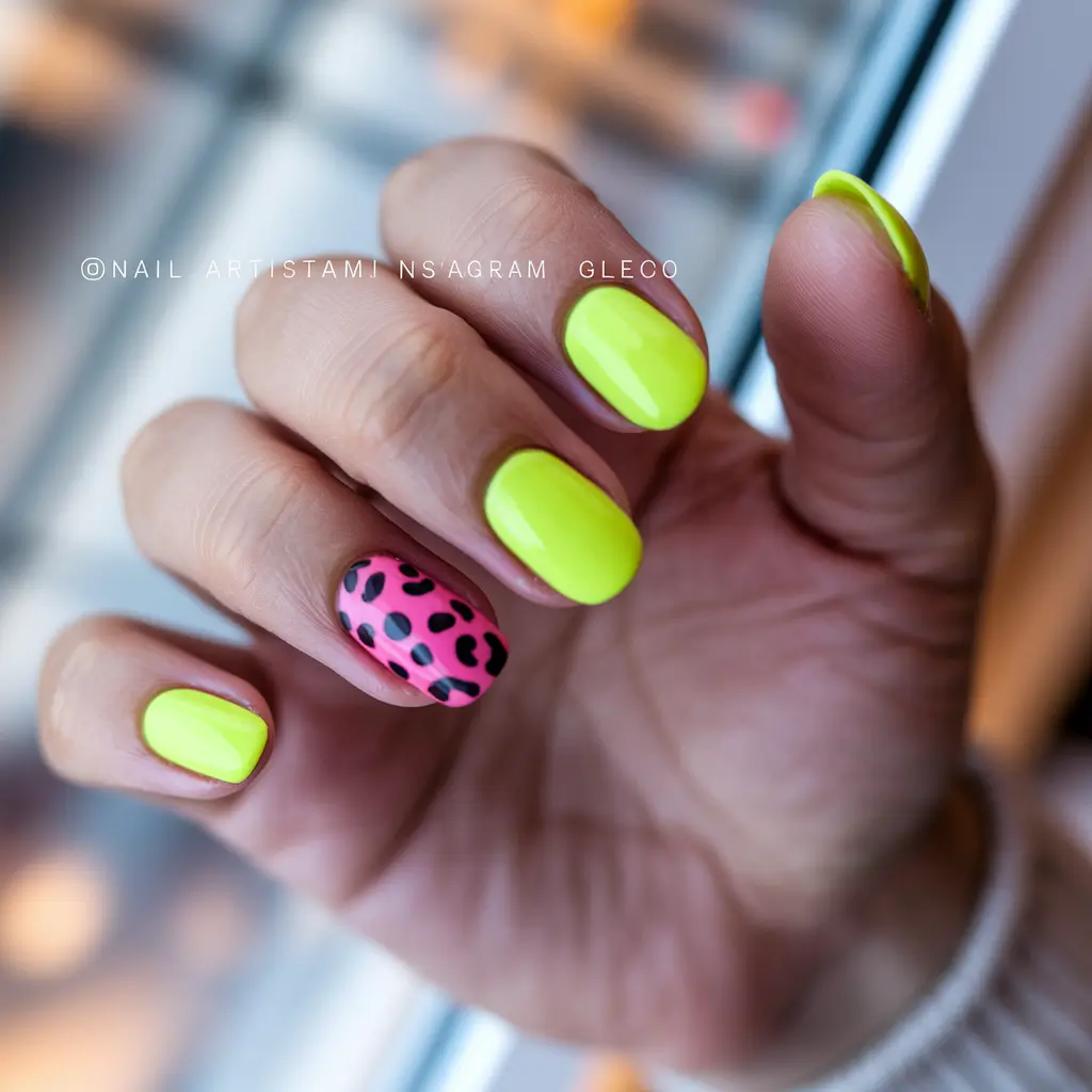 round nail inspo short Highlighter Yellow With a Fierce Pink Accent