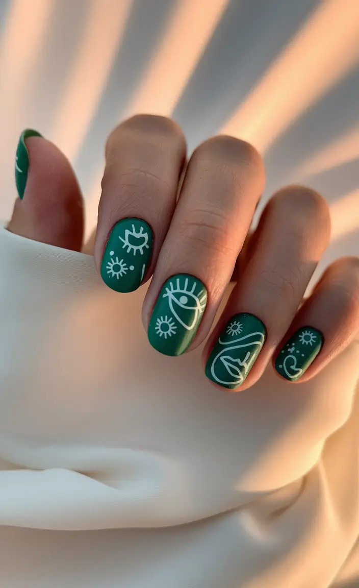 round nail inspo design Line Art on a Deep Green Canvas
