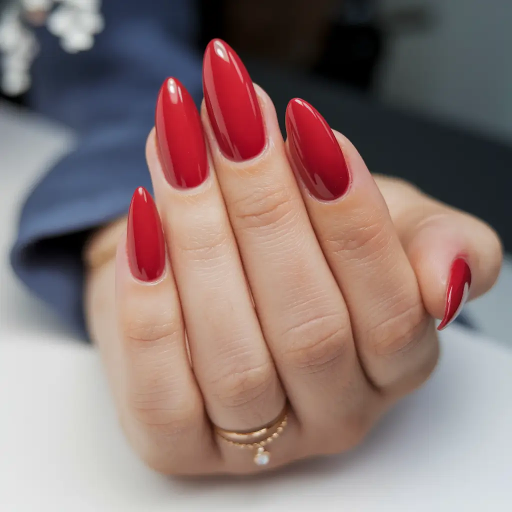 round nail inspo red Classic Glossy Red, But Make It Almond