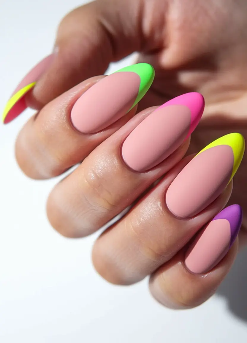 summer oval nails ideas 2025 Color-Dipped Neon for Hot Days