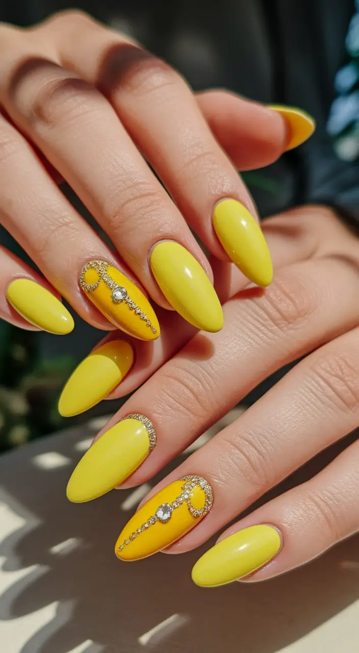 summer oval nails ideas 2025 Golden Sunshine on Lemonade Tips