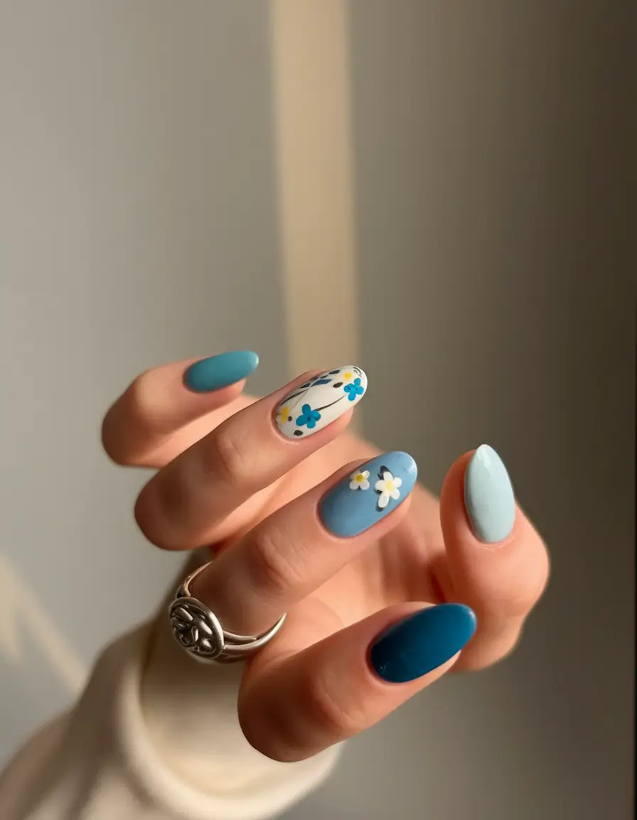summer oval nails ideas 2025 Cool Blue Florals for a Soft Girl Summer