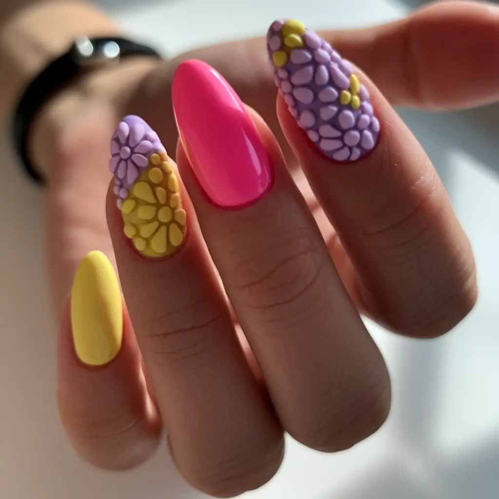 summer oval nails ideas 2025 3D Garden Pop with Citrus Punch