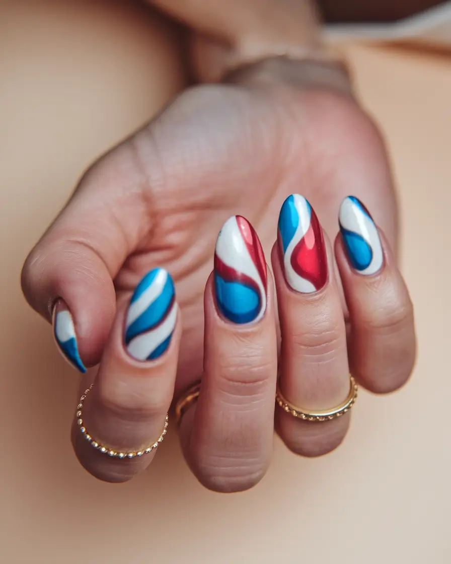 summer oval nails ideas 2025 Retro Waves in Red, White & Blue
