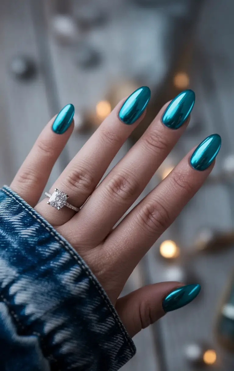 summer oval nails ideas 2025 Teal Chrome That Speaks for Itself