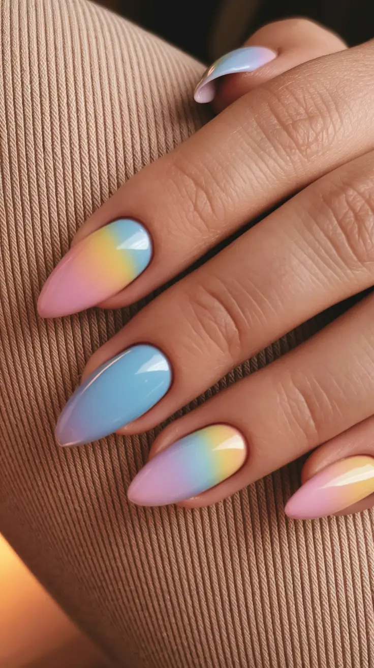 summer oval nails ideas 2025 Pastel Rainbow Fade