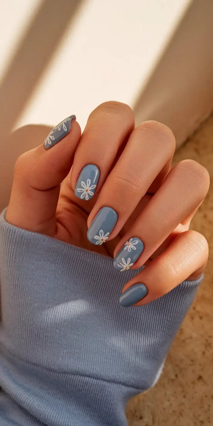 summer oval nails ideas 2025 Daisy Days on Denim Blue
