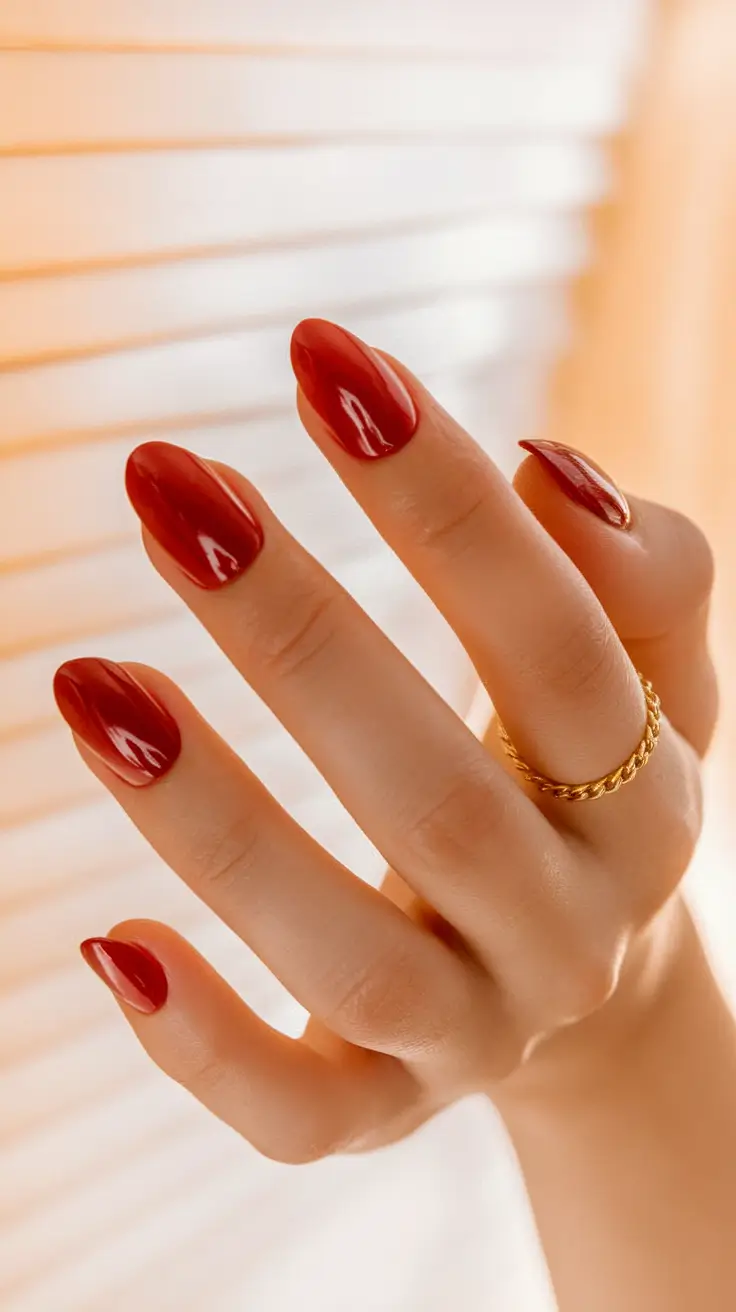 summer oval nails ideas 2025 Glossy Red for Sultry Summer Evenings