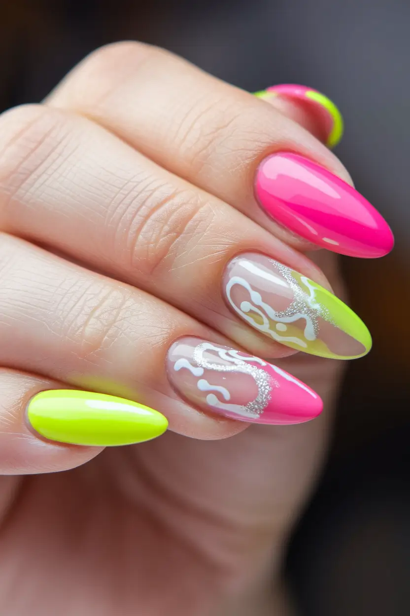 summer oval nails ideas 2025 Electric Swirl with Neon Gloss