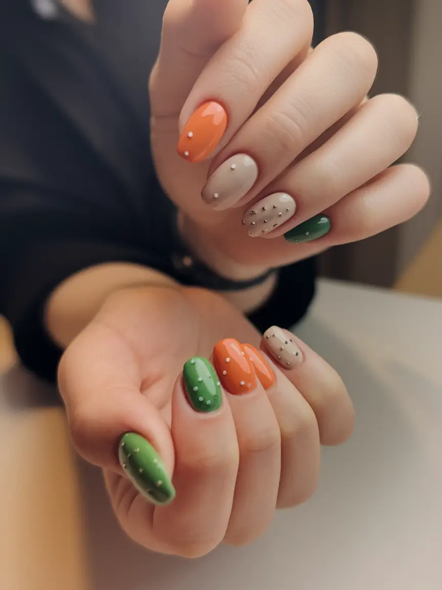 summer oval nails ideas 2025 Earthy Pops with Studded Dots