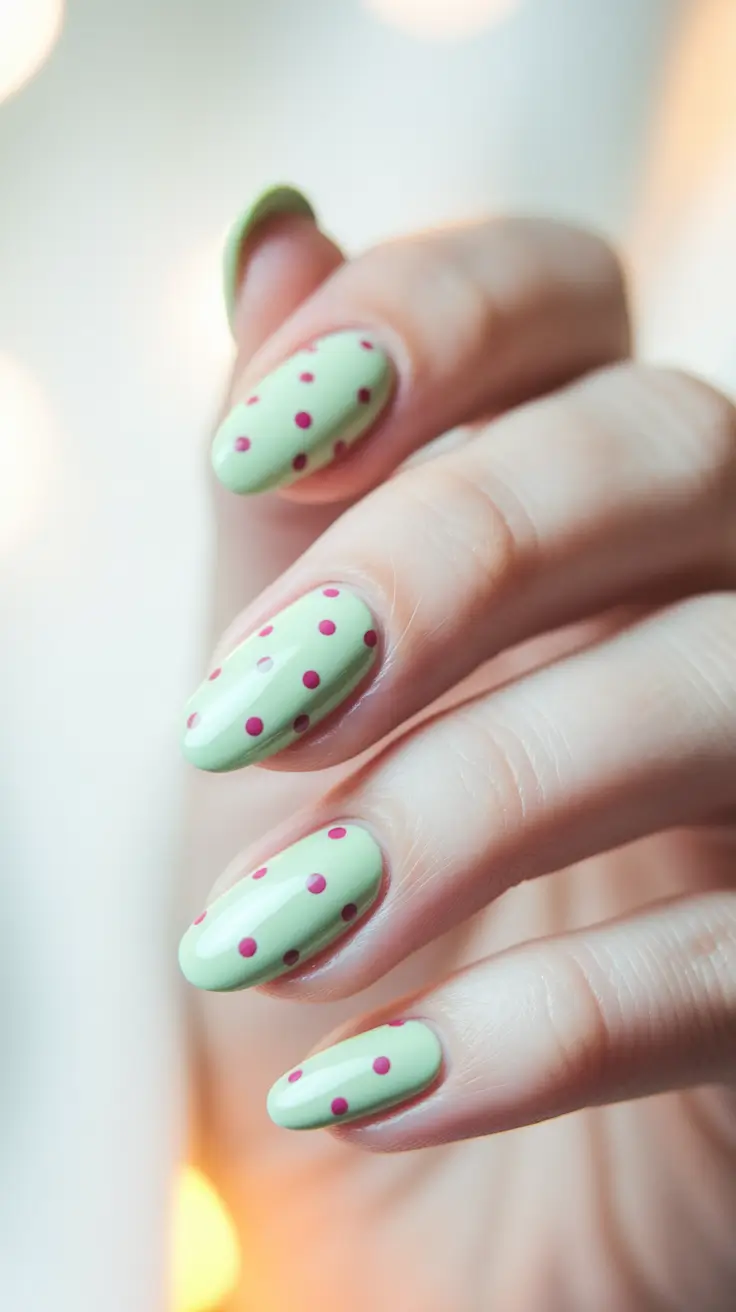 summer oval nails ideas 2025 Mint and Berries Polka Pop