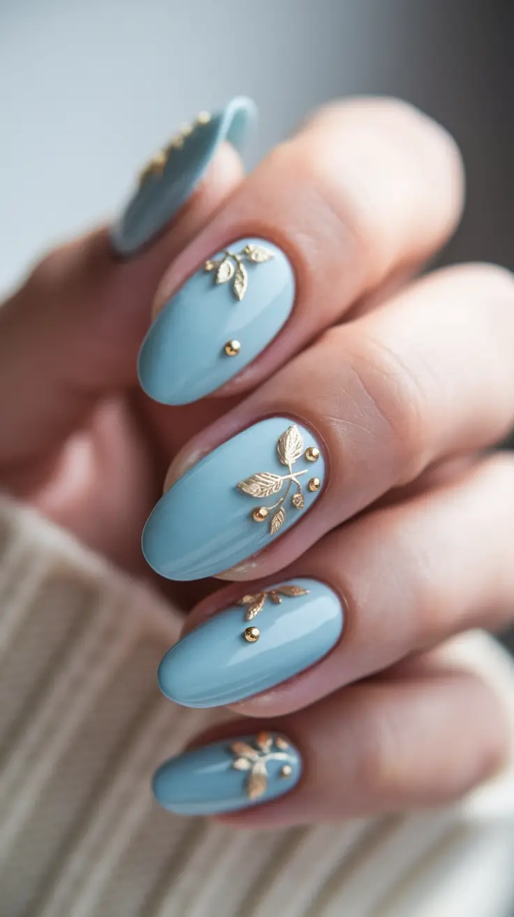 summer oval nails ideas 2025 Soft Blue Elegance with Golden Botanicals