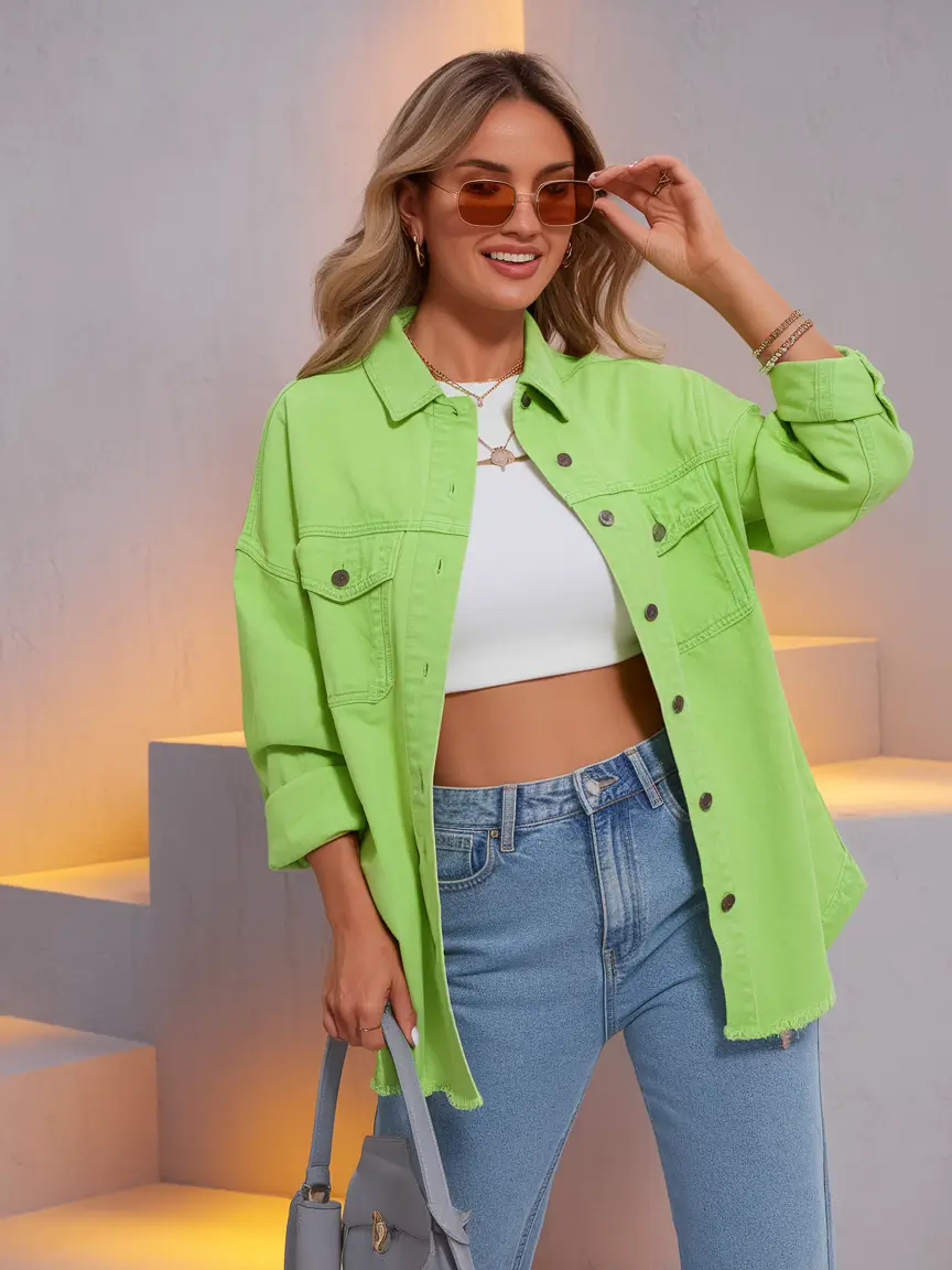 summer to fall transition outfits ideas 2025 Lime Green Overshirt and Casual Denim