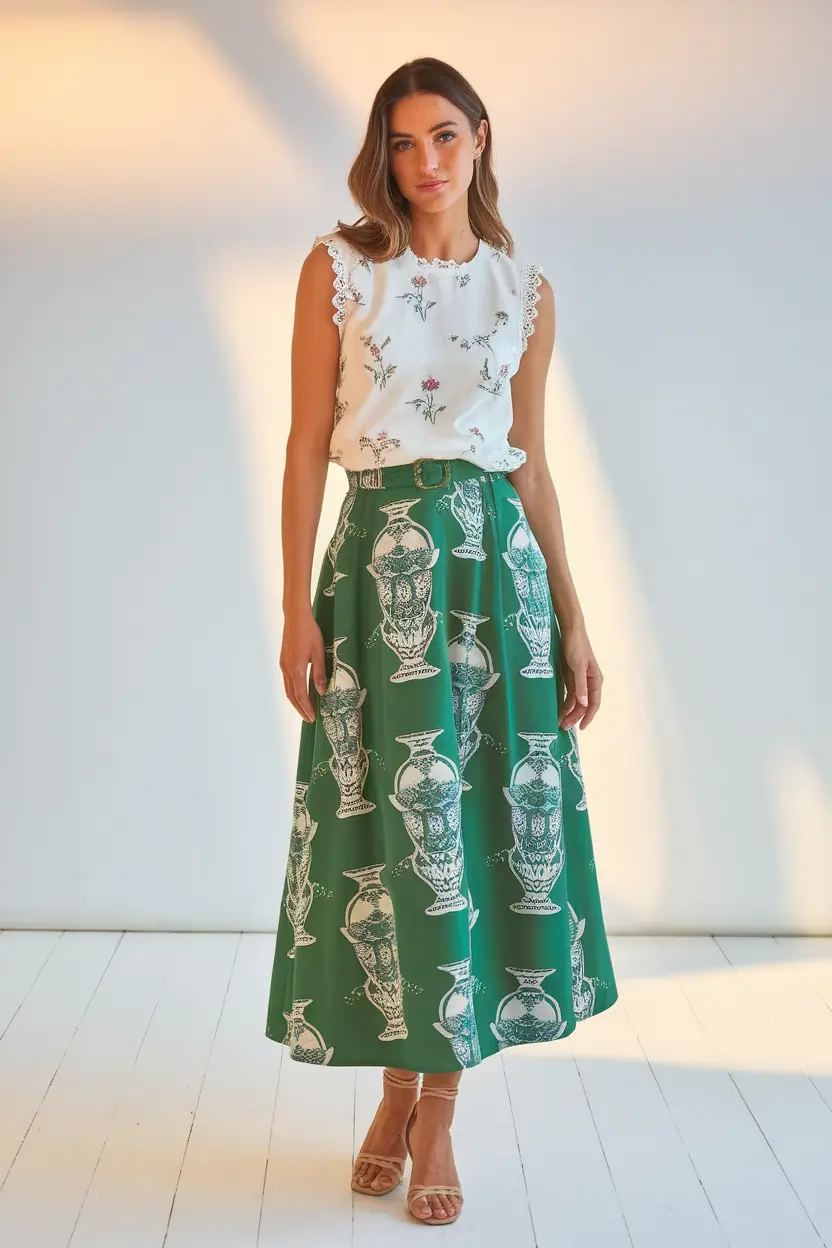 summer to fall transition outfits ideas 2025 Vintage Skirt with Embroidered Elegance