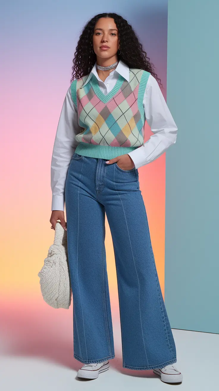 summer to fall transition outfits ideas 2025 Preppy Knit Vest and Retro Denim