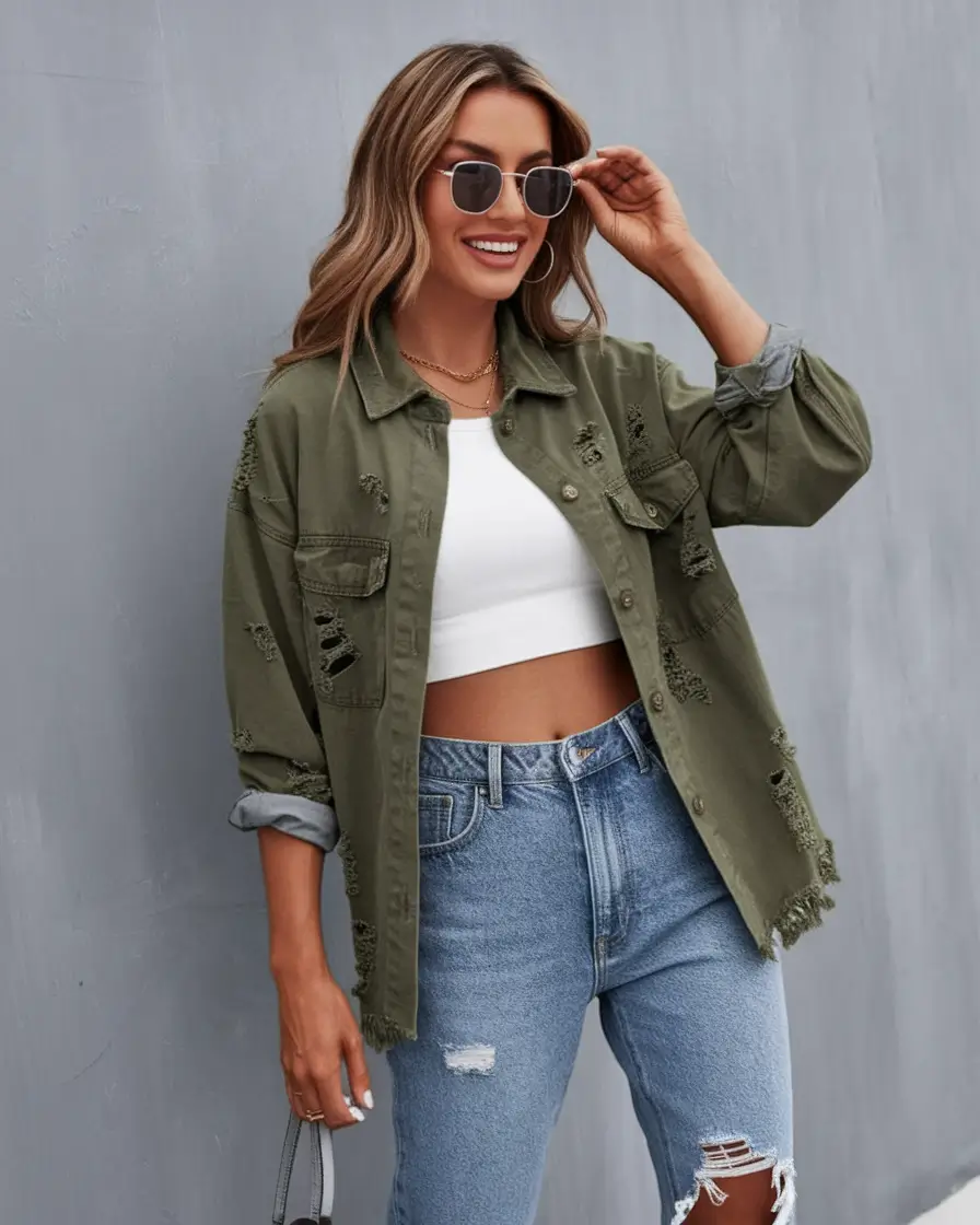 summer to fall transition outfits ideas 2025 Olive Utility Shirt and Distressed Denim