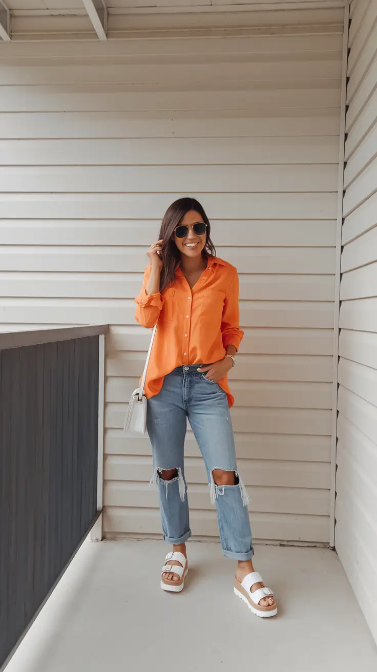 summer to fall transition outfits ideas 2025 Bright Orange and Denim Simplicity