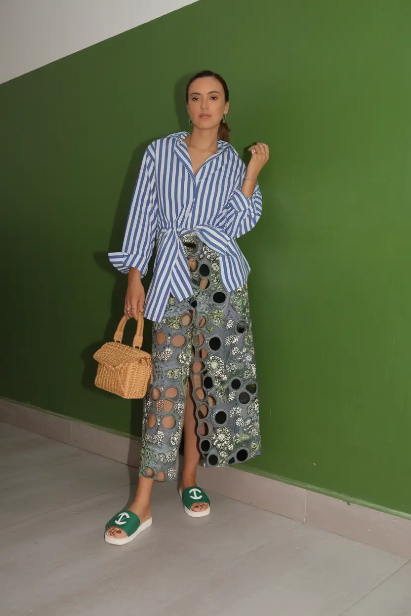 summer to fall transition outfits ideas 2025 Artful Skirt and Bold Stripes