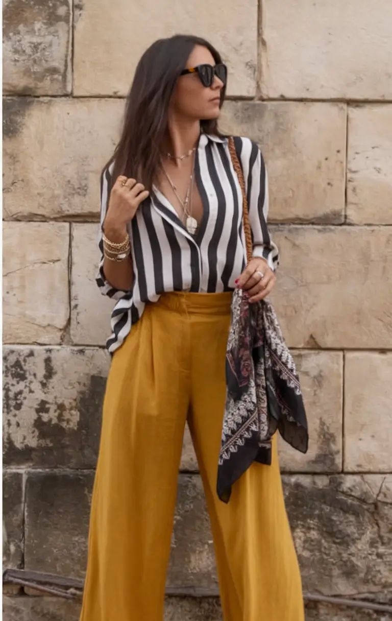 summer to fall transition outfits ideas 2025 Golden Mustard and Strong Stripes