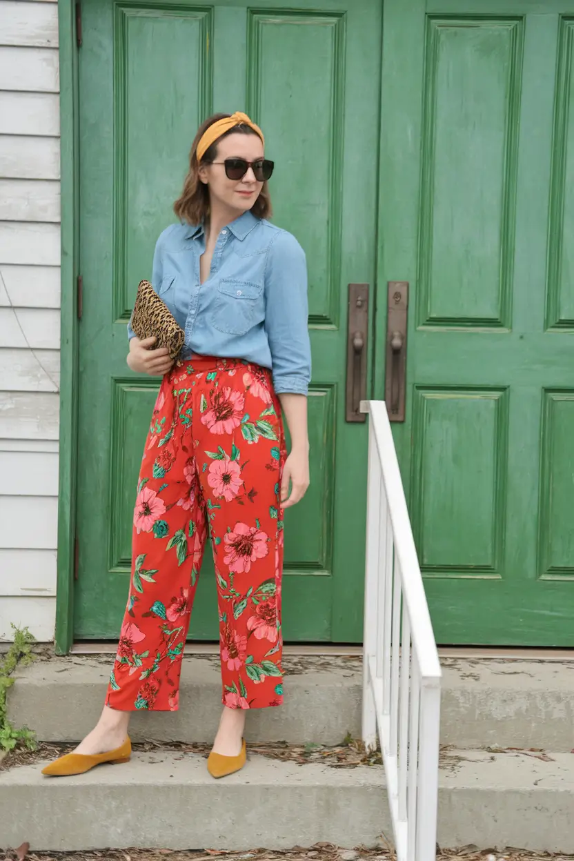 summer to fall transition outfits ideas 2025 Floral Pants and Chambray Charm