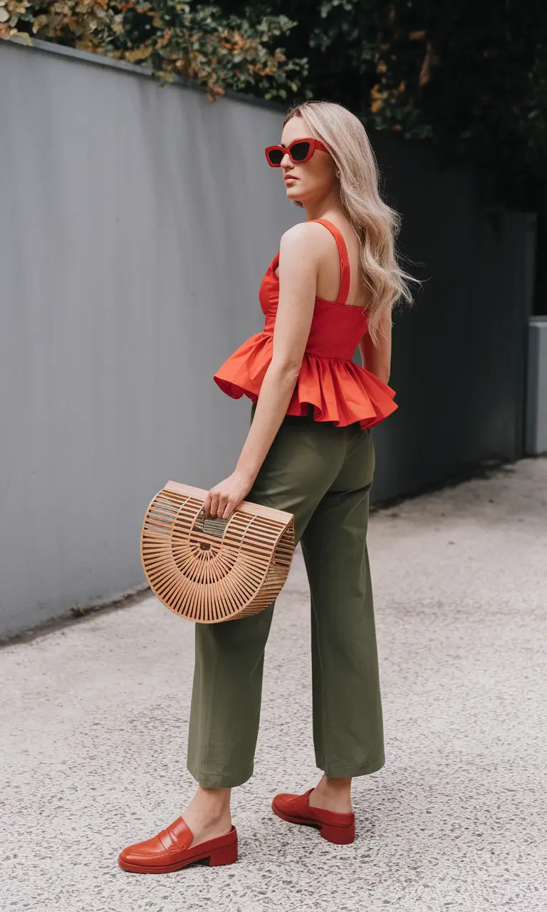 summer to fall transition outfits ideas 2025 Structured Peplum and Olive Green Contrast