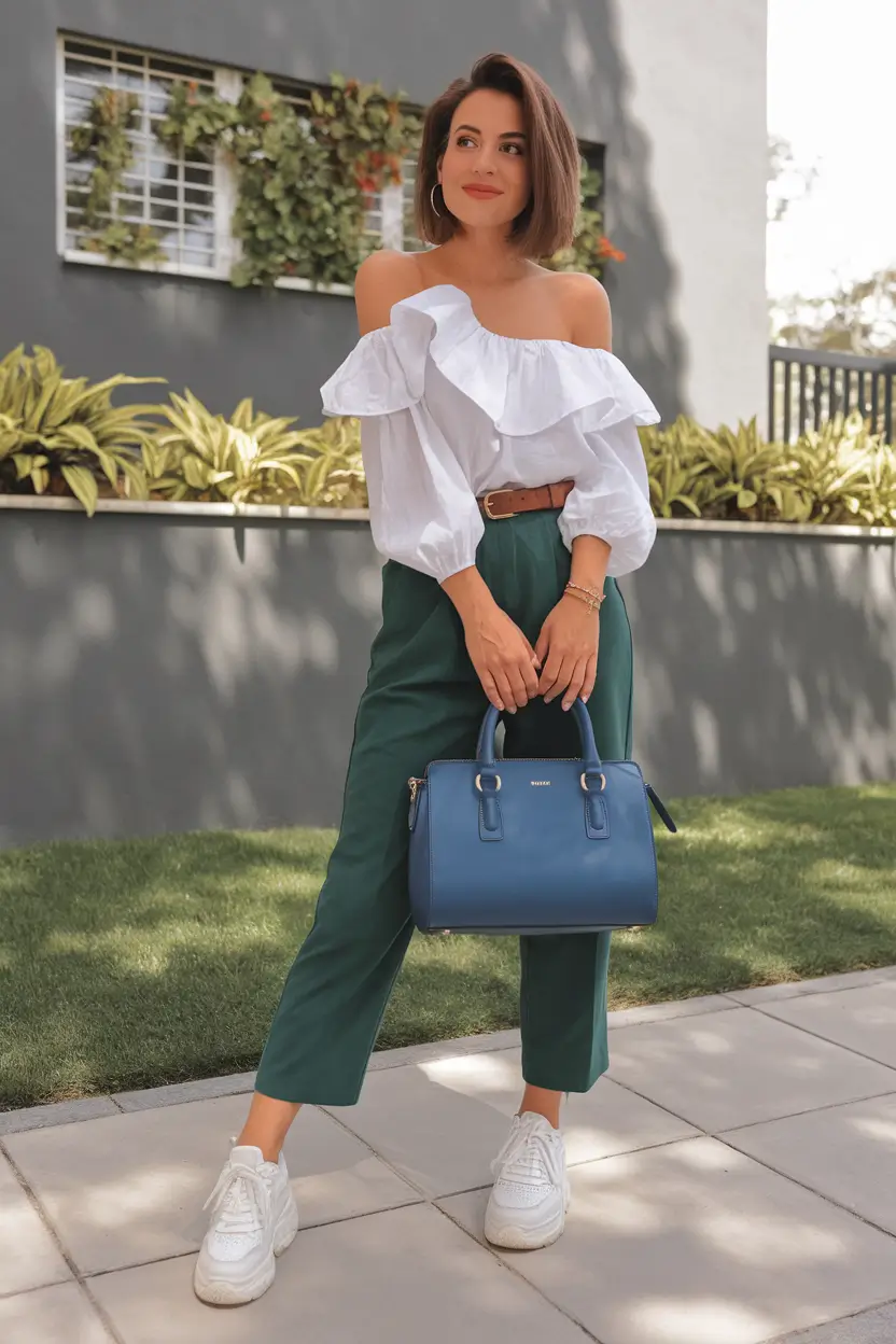 summer to fall transition outfits ideas 2025 Off-Shoulder Romance with Forest Green Pants