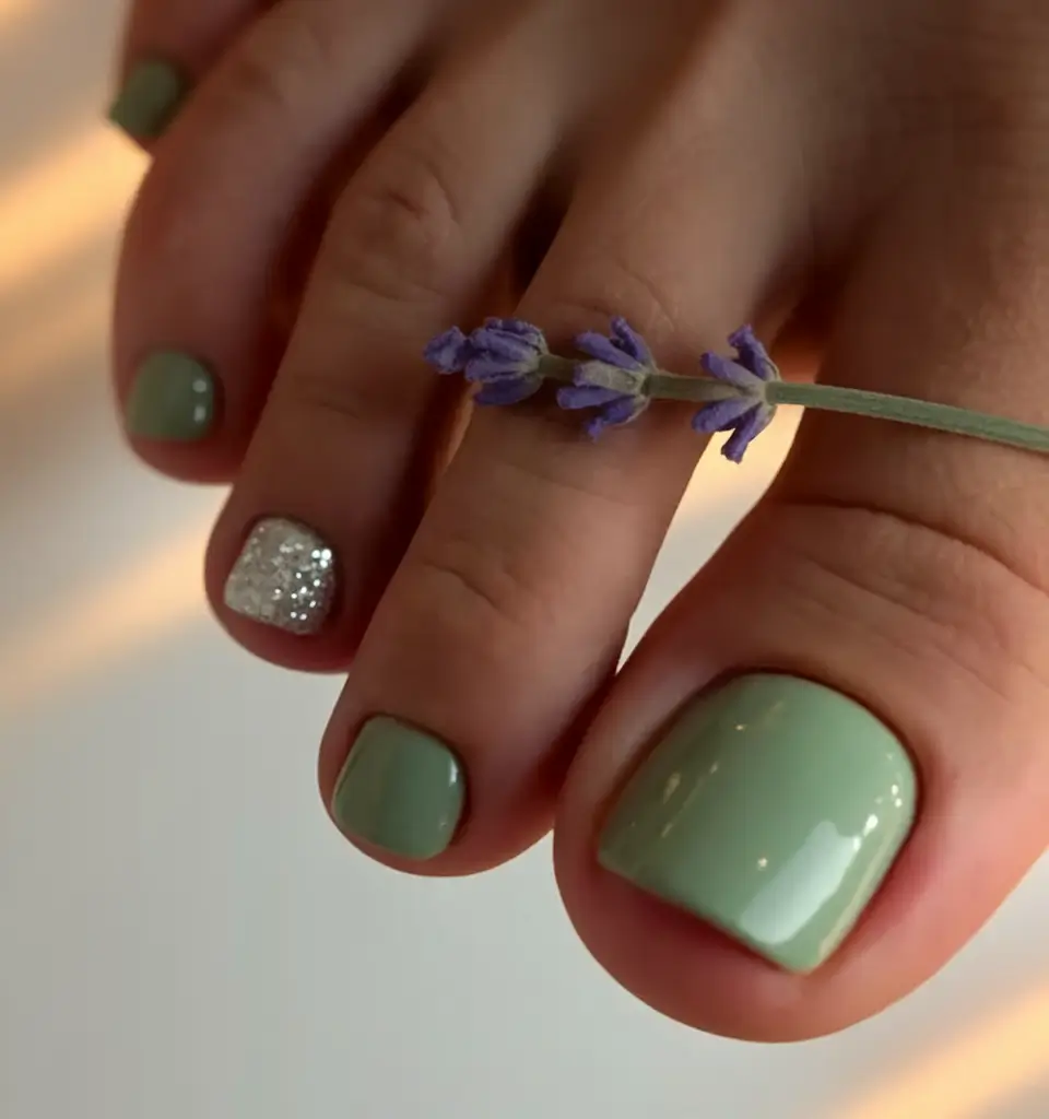toe nails for august Sage Green & Glitter for a Nature-Inspired Glam