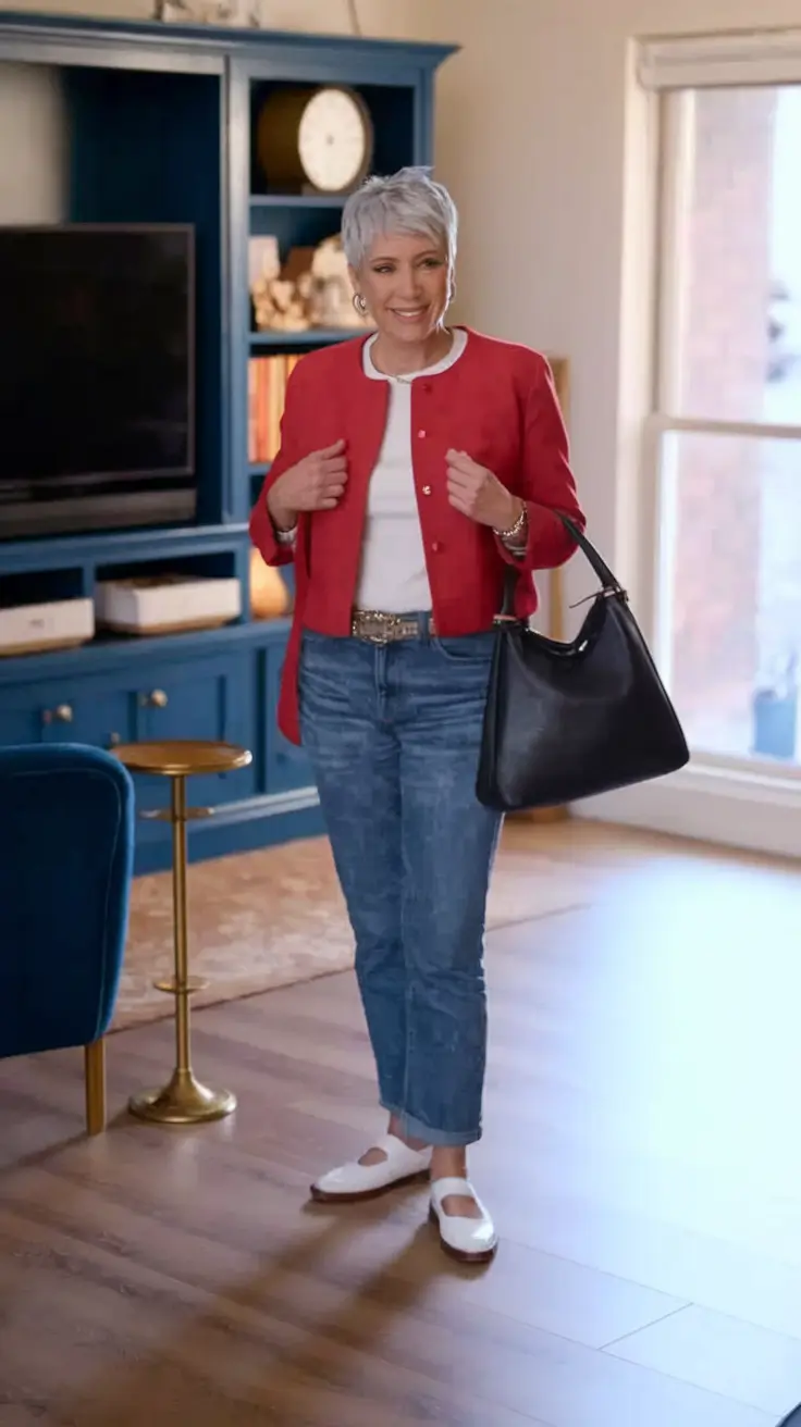 trendy fall outfits for women over 40 - ideas 2025 Bold Red Layers with Denim