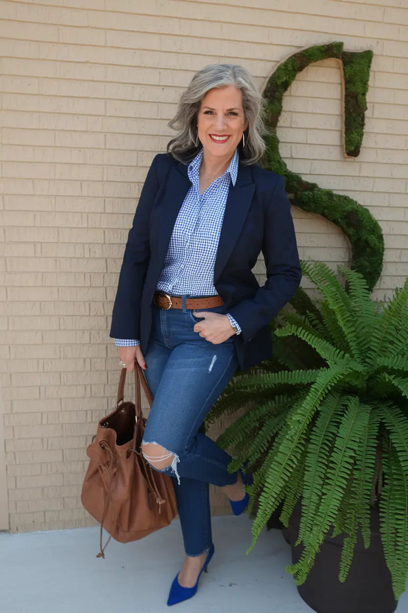 trendy fall outfits for women over 40 - ideas 2025 Modern Navy with a Pop of Denim