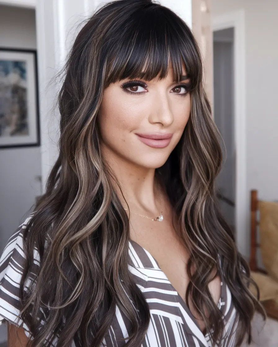 2025 Fall Hair Color Trends for Latina Women Subtle Ash Brown Waves with Bold Front Pieces