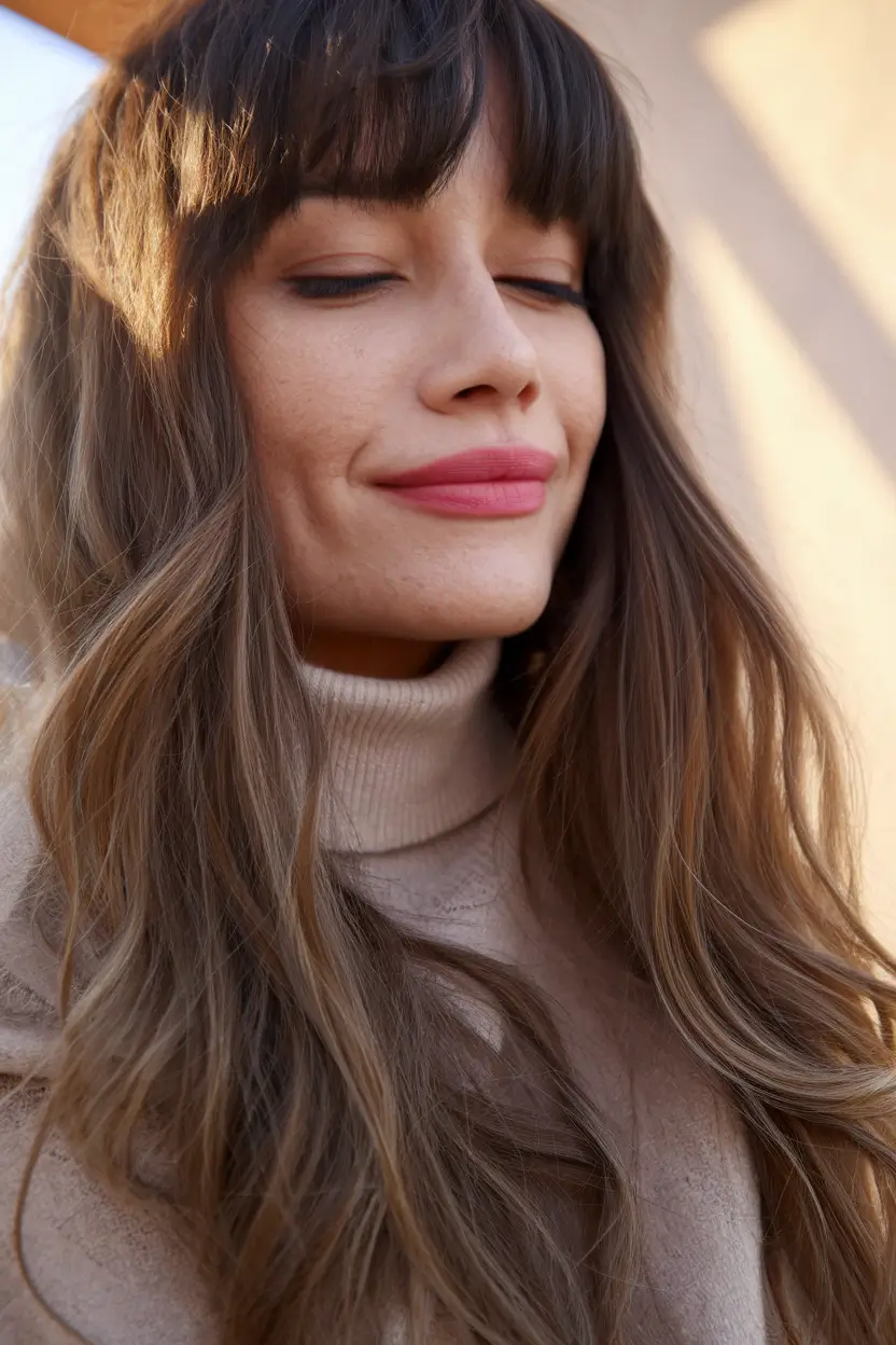 2025 Fall Hair Color Trends for Latina Women Soft Caramel Balayage with Wispy Bangs