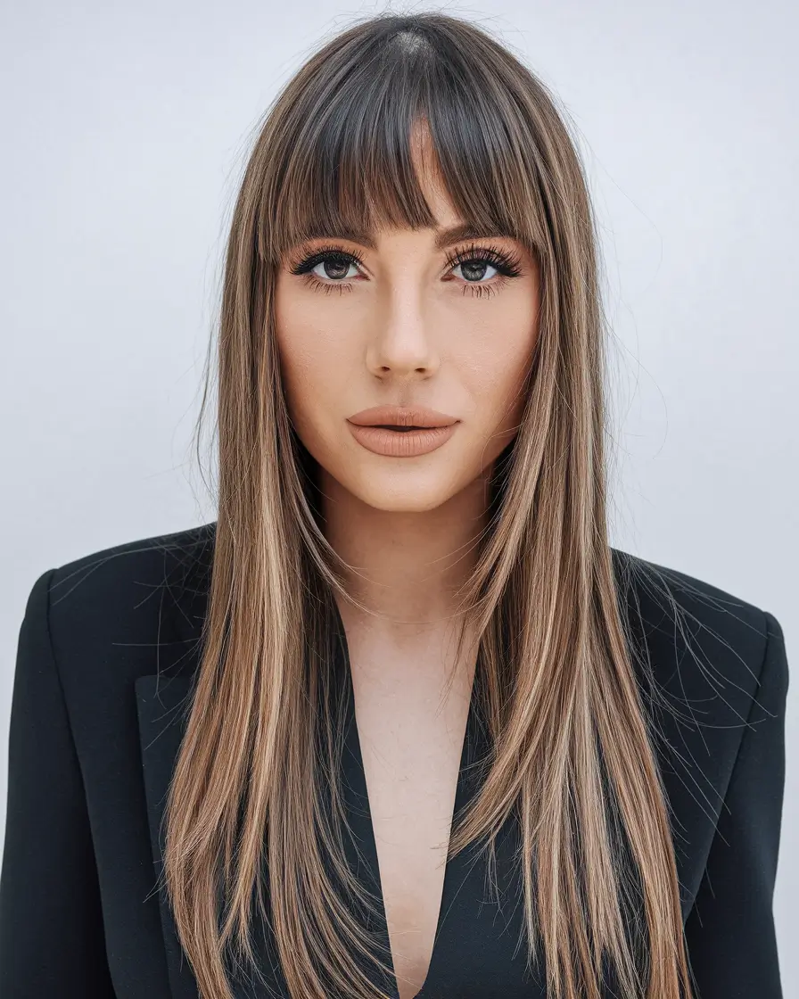 2025 Fall Hair Color Trends for Latina Women Neutral Honey Blend with Sleek Curtain Bangs