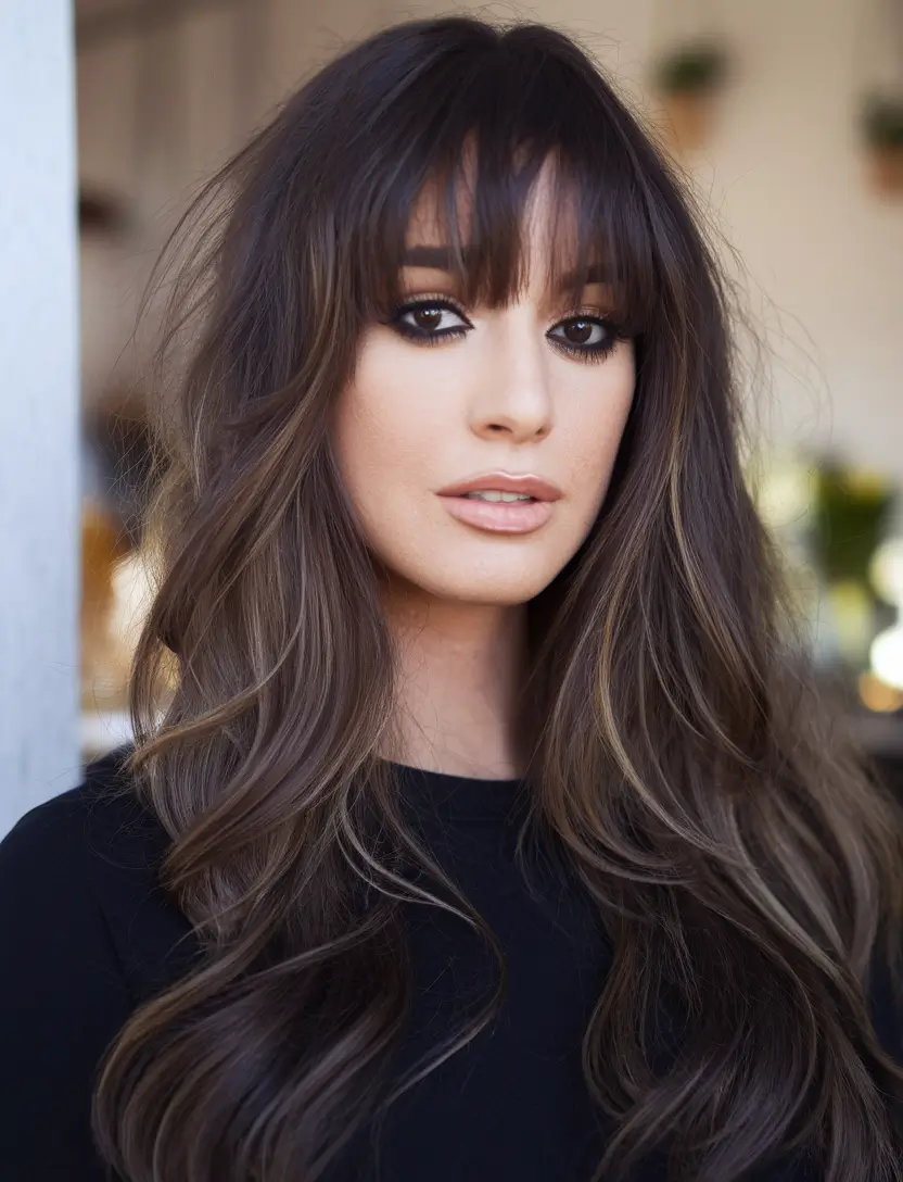 2025 Fall Hair Color Trends for Latina Women Cool Mocha Balayage with Shaggy Bangs