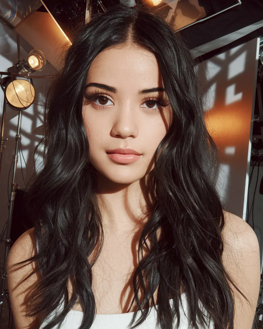 2025 Fall Hair Color Trends for Latina Women Glossy Jet Black Waves with Middle Part